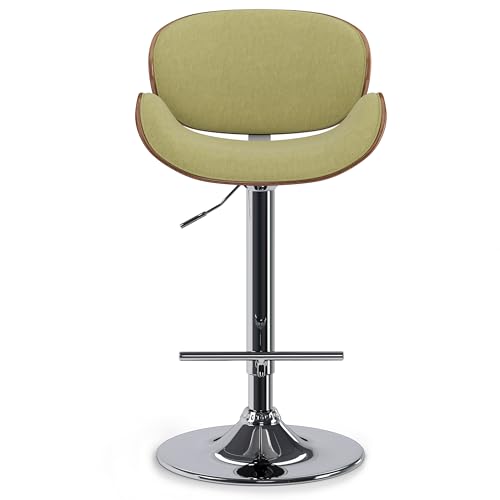 SIMPLIHOME Marana 33 Inch Wide Mid Century Modern Bentwood Adjustable Height Gas Lift Bar Stool in Acid Green Polyester Linen Fabric, for The Dining Room and Kitchen