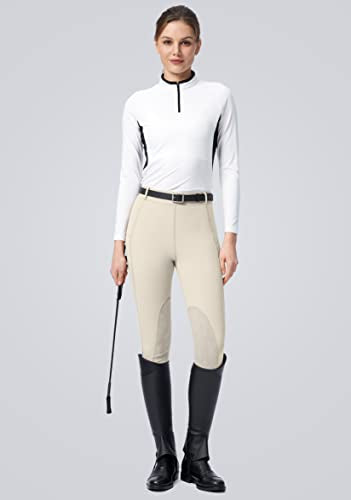 SANTINY Women's Horse Riding Pants with Zipper Pockets Knee-Patch Schooling Tights Equestrian Breeches for Women (White_XL)