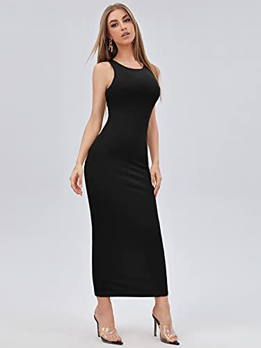 Verdusa Women's Basic Round Neck Sleeveless Solid Bodycon Maxi Long Dress Black XS