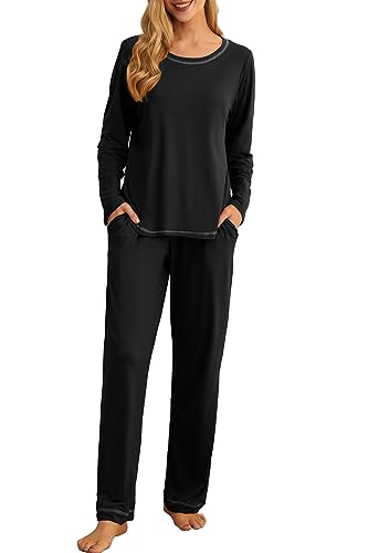 PrinStory Women's Pajama Set 2024 Lounge Sets Long Sleeve Sleepwear Soft 2 Piece Pjs with Pockets FP-Black Moon Ghost-M
