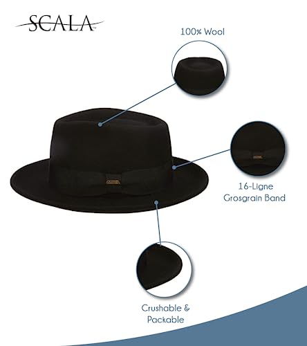 Scala Classico Men's Crushable Water Repelant Wool Felt Fedora Hat, Black, Medium