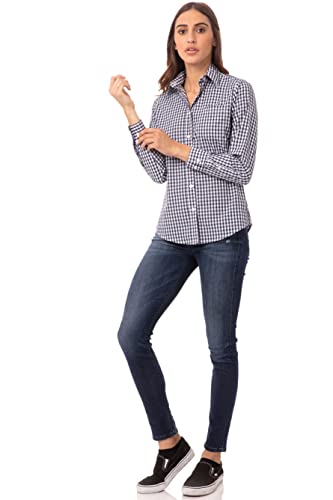 Chef Works Women's Gingham Dress Shirt, Dark Navy Wht Check, X-Small