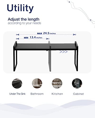 Nxconsu Expandable Cabinet Shelf Organizer Riser for Kitchen Pantry Cupboard Under Sink Countertop Home Storage Organization Rack Space Saver Freestanding Heavy Duty Nonslip Stackable Black