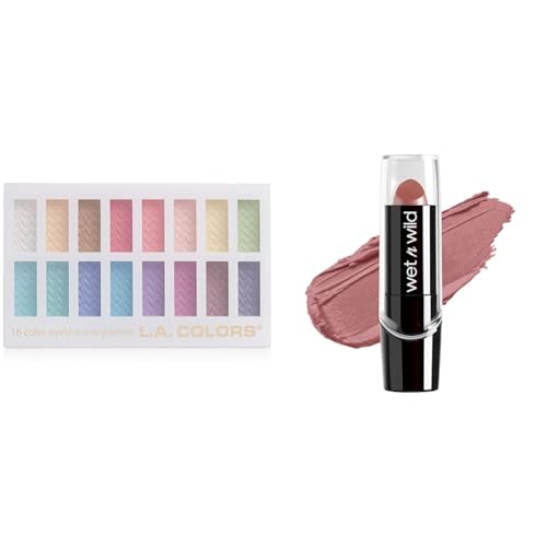 L.A. COLORS 16 Color 1.02 Ounce Eyeshadow Palette and wet n wild 0.13 Ounce Fuchsia with Blue Pearl Hydrating Lipstick Bundle