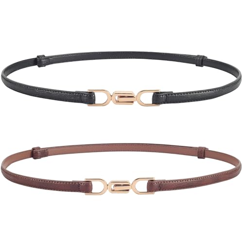 LCG LUCHENGYI 2 Pack Women Leather Skinny Belt Adjustable Thin Waist Belt Ladies Fashion Belts Golden Buckles for Dresses