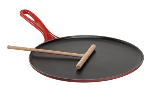 Le Creuset Enameled Cast Iron Crepe Pan with Rateau and Spatula, 10.75", Cerise