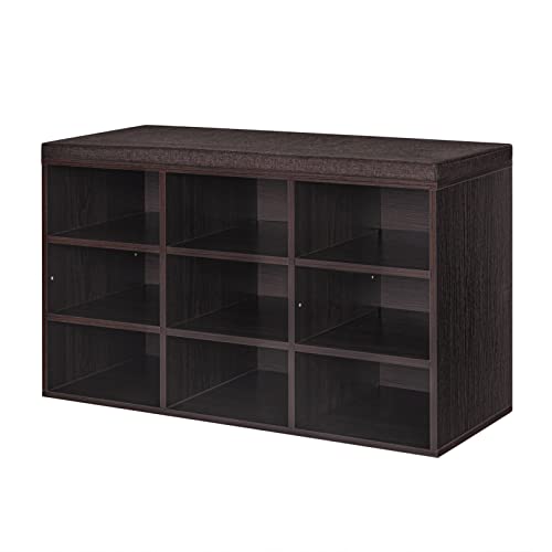 DINZI LVJ Shoe Bench, 9 Cubbies Shoe Organizer for Entryway, Storage Bench with Cushion, Cubby Shoe Rack with Adjustable Shelves for Living Room, Bedroom, Mudroom, Hallway, Espresso