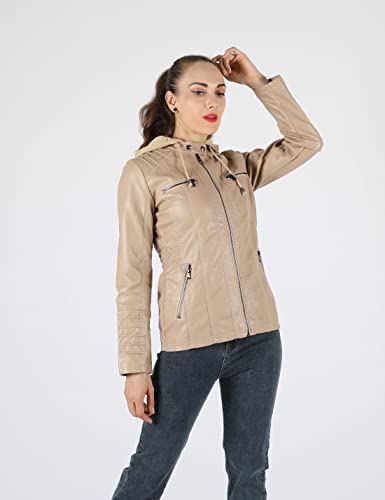 Tanming Women's Womens Hooded Faux leather Jackets (X-Small, Apricot)