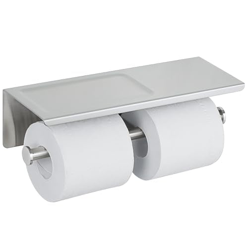 Alise Double Toilet Paper Holder,Bathroom Tissue Holder with Shelf,SUS304 Stainless Steel Toilet Paper Roll Holder Storage Dispenser,Self Adhesive or Wall Mount Drilling,Matte Black,GYT880-B
