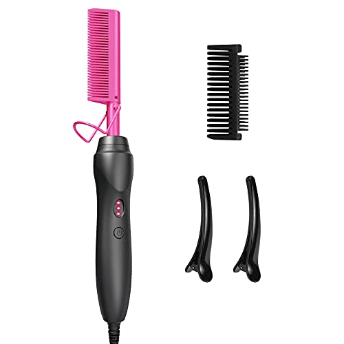 Hot Comb Hair Straightener Heat Pressing Combs - Ceramic Electric Hair Straightening Comb, Curling Iron for Natural Black Hair Beard Wigs Holiday Gift - Pink
