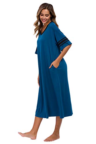 Vslarh Women's Nightgown Long Loungewear Short Sleeve Sleepshirt V Neck Pajama Dress with Pockets S-3XL