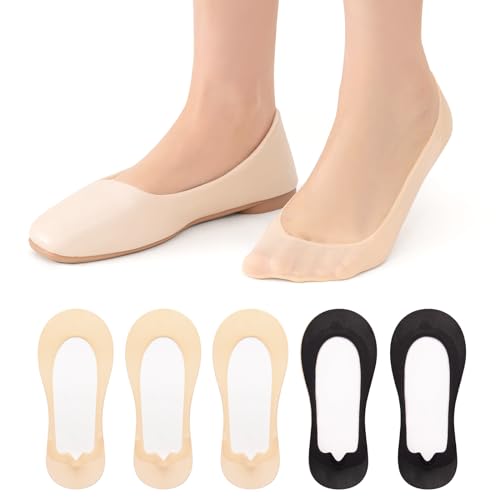 MANZI 5 Pairs No Show Socks Womens Non Slip Invisible Low Cut Thin Footies Socks for Women(Black*2+Nude*3,S)