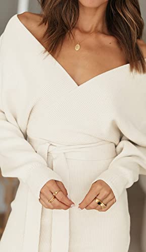 ZESICA Women's 2024 Fall Long Batwing Sleeve Wrap V Neck Knitted Backless Bodycon Pullover Sweater Dress with Belt,Green,Large
