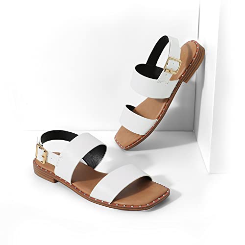DREAM PAIRS Women's Summer Casual Dressy Cute Flat Sandals Comfortable Sexy Square-Toe Fashion One Band Strappy Shoes Wide Width, White, Size 5.5, Sdfs222w