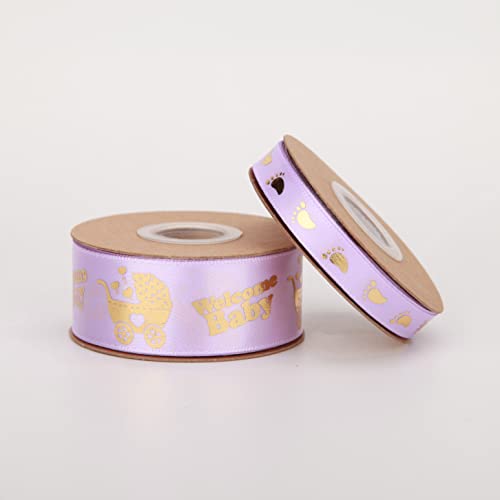 Meseey 2 Rolls Total 20 Yards Welcome Baby Ribbon Black and Gold Foot Print Ribbons for Crafts Cake Baby Shower Birthday,Gift Wrapping, Party Decoration (Black)