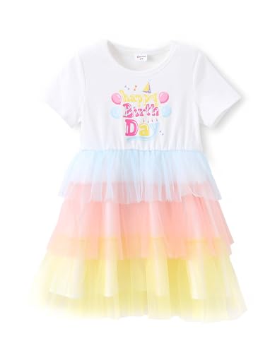 PATPAT Toddler Little Girls Dresses Short Sleeve Princess Tulle Skirt Birthday Party Cake Tutu Dress for Girls, Celebration White, 2 Years