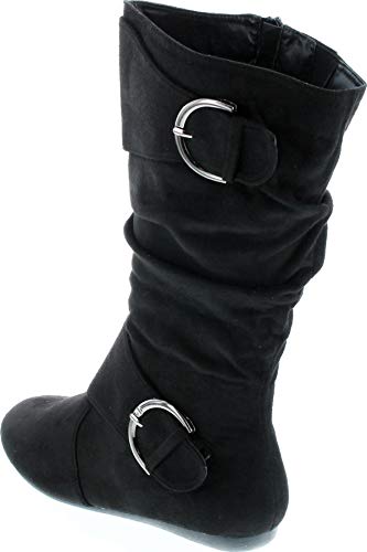 Forever Link Women's Klein-70 Closed Round Toe Buckle Slouch Flat Heel Mid-Calf Boot,Tan-bd,5.5