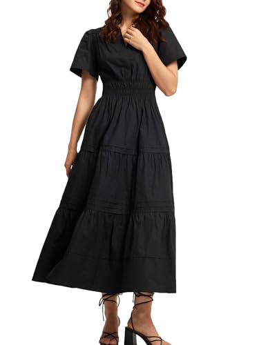 ShallWe Women's Basic Plain Black Summer Dress Casual Long Maxi Short Sleeve Layered Cotton V Neck A Line Fashion Travel
