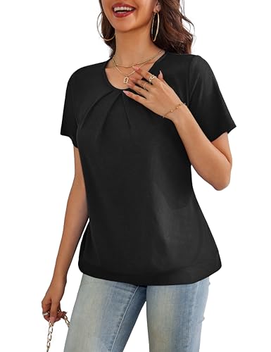 LIENRIDY Women's Short Sleeve Shirts Round Neck Loose Casual Summer Tops, Black, S