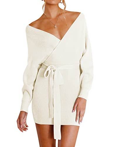 ZESICA Women's 2024 Fall Long Batwing Sleeve Wrap V Neck Knitted Backless Bodycon Pullover Sweater Dress with Belt,Green,Large