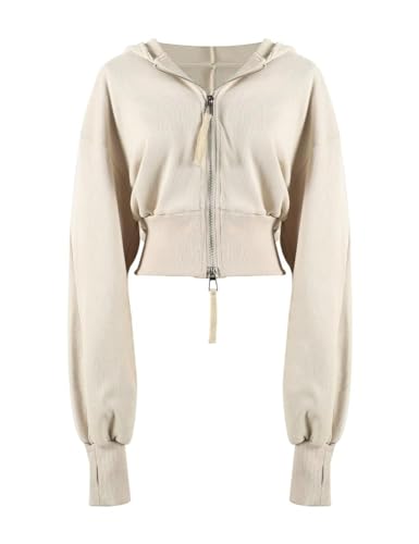 Arssm Cropped Hoodie Women Long Sleeve Sweatshirts Casual Fashion Hooded Zip up Workout Jacket with Thumb Holes (Beige-XS)