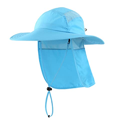 Home Prefer Mens UPF 50+ Sun Protection Cap Wide Brim Fishing Hat with Neck Flap (Sky Blue)