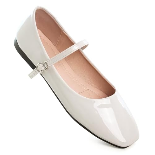 LUXINYU Mary Jane Shoes for Women Leather Flats Square Toe Adjustable Ankle Strap Ballet Dance Shoes Comfortable School Uniform Shoes,Silver 7