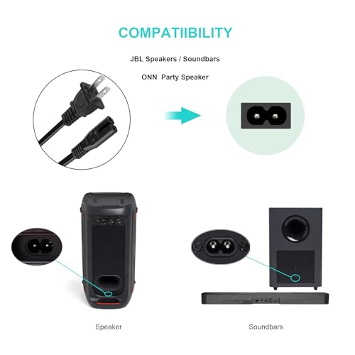 Power Cord for JBL PartyBox 100 110 200 300 310 710 1000 On-The-Go Speaker, ONN Party Speaker, JBL Soundbar 2 Prong Power Cable Replacement