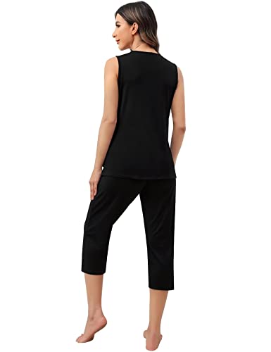 SWOMOG Women's Maternity Pajama Sets Sleeveless Pregnancy Pj Set Nursing Breastfeeding Sleepwear Set Adjustable Waistband Black