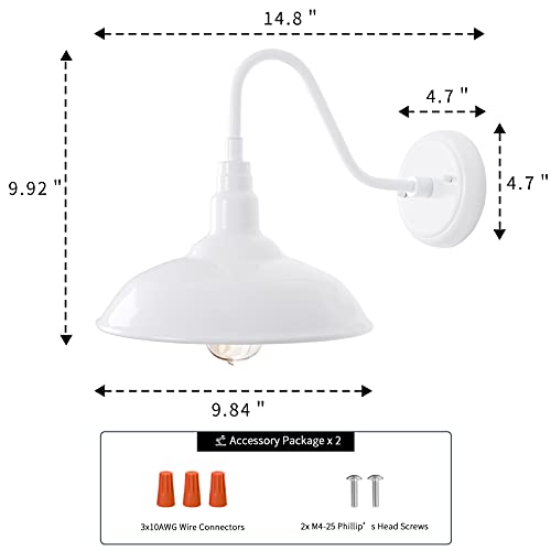 GOALPLUS Outdoor Gooseneck Barn Light Fixture with Wall Mount, 10'' Diameter White Exterior Waterproof Wall Lantern for Porch, Farmhouse Wall Sconce, 2 Pack, LM2201-WH-2P