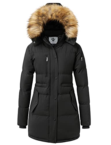 WenVen Winter Warm Padded Coat for Women Puffer Jacket with Removable Hood(Black, Small)