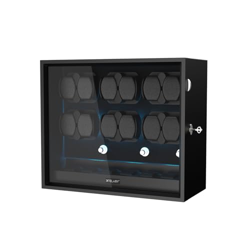 XTELARY Watch Winder for 12 Automatic Watches, Black Lockable Automatic Winders with Extra 6 Watch Storages, 4 Rotation Modes, Flexible Watch Pillows, Quiet Mabuchi Motor, and Blue Backlight