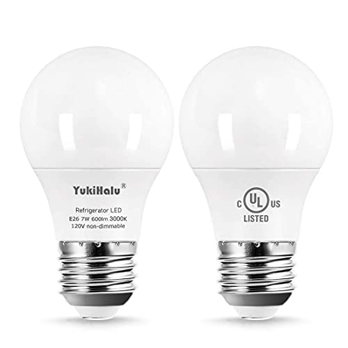 YukiHalu, A15 Appliance Light Bulb, 60W Equivalent for Range Hood/Refrigerator Light Bulb/Ceiling Fan Light, 600 Lumens 7W 120V 2700k Soft White E26 Base, Waterproof, Not Dimmable, 2-Pack