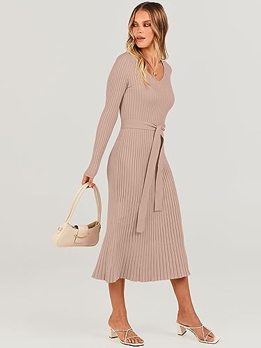 ANRABESS Women Long Sleeve V Neck A-line Tie Waist Slim Fit Ribbed Knit Bodycon Midi Sweater Dress 2024 Fall Trendy Outfits Wine Red Medium