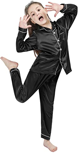 DF-deals Girls Boys Kids Silk Satin Pajamas Set Button-Down Clothes Long Sleeve Loungewear Sleepwear PJS Rose 140