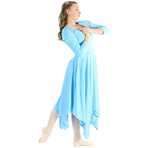 Danzcue Girls Celebration of Spirit Long Sleeve Praise Dance Dress, Aqua Blue, S-M