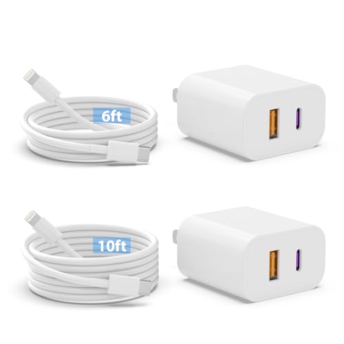 iPhone Charger, 2 Pack 20W Dual Port USB Fast Wall Charger Block, (2-Pack 6FT&10FT Super Fast Charger Cable Included) USB C Charger for iPhone 14 13 12 11 Pro Max XR XS X,iPad More