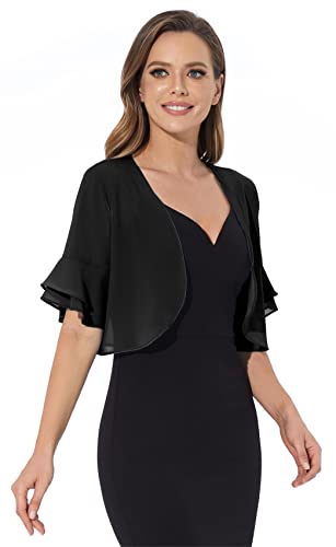Women Shrug Soft Chiffon Open Front Sheer 3/4 Sleeve Bolero Cardigan for Evening Dress(Black,S)