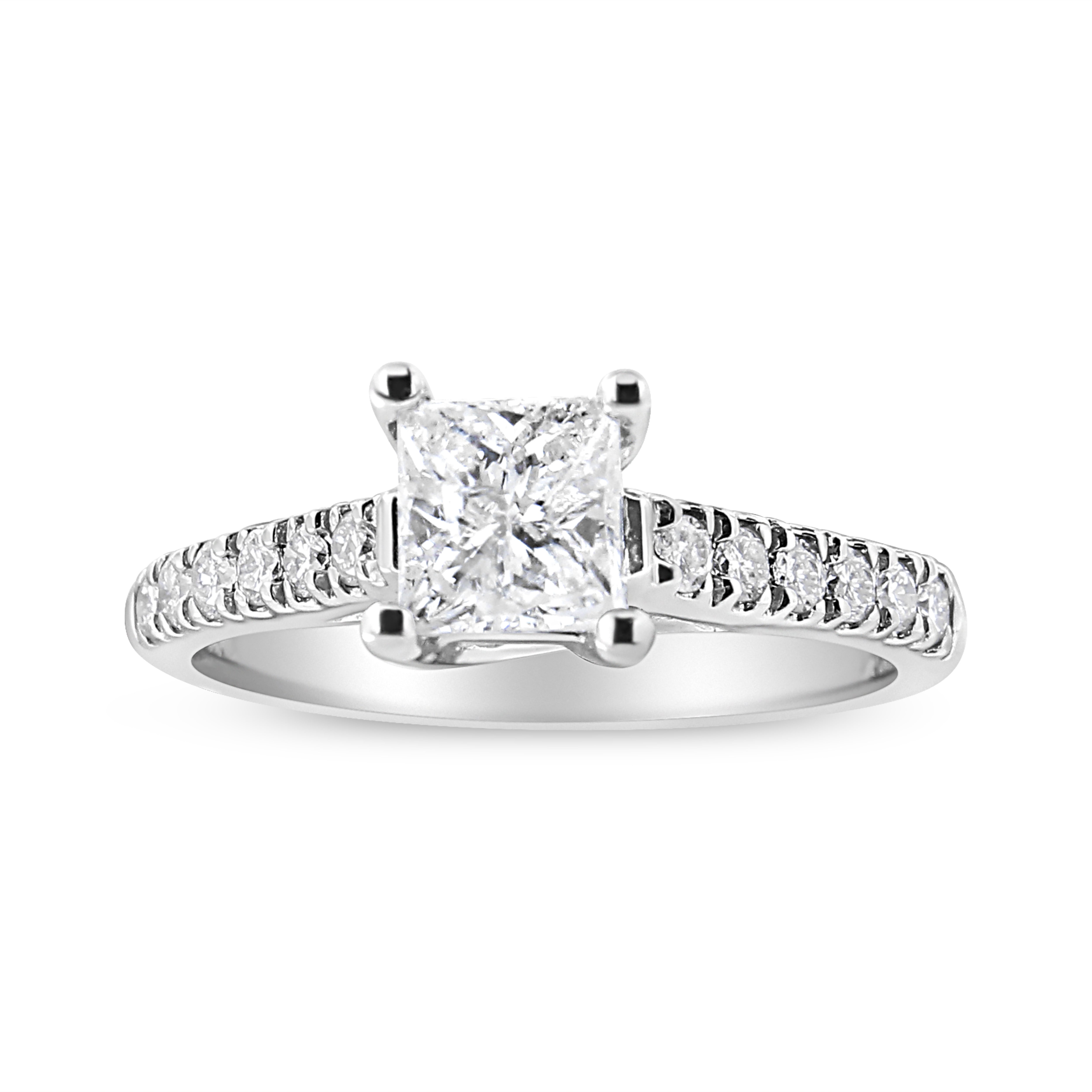 14K White Gold 1 1/5 Cttw 4-Prong Set Princess Diamond Classic Engagement Ring (I1-I2 Color, H-I Clarity) Ring Size 7
