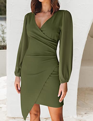 ZESICA Women's Wrap V Neck Bodycon Mini Dress Puff Long Sleeve Ruched Asymmetrical Hem Cocktail Party Short Dresses,Red,Small