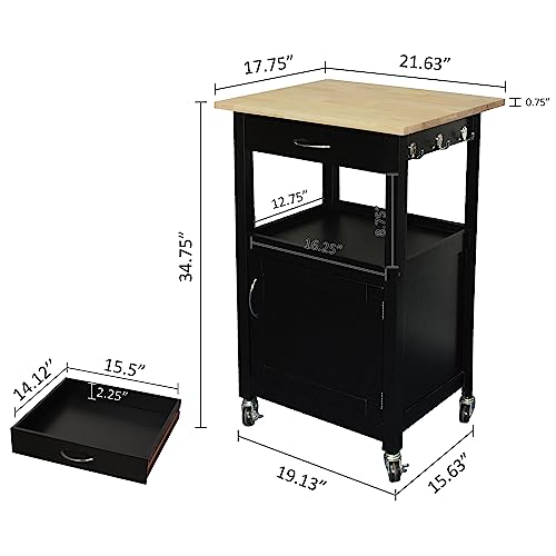 eHemco Kitchen Island Cart on Wheels with Drawer, Storage Cabinet, Shelf and Natural Solid Hardwood Top, Black Base