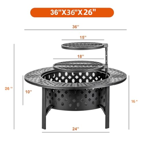 OutVue 36 Inch Fire Pit with 2 Grills, Wood Burning Fire Pits for Outside with Lid, Poker and Round Waterproof Cover, BBQ& Outdoor Firepit & Round Metal Table 3 in 1 for Patio, Picnic, Party