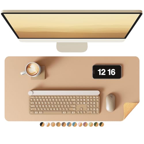 YSAGi Double-Sided Desk Pad, 35.4"x17"Leather Desk Mat, Eco Cork Desk Pad Protector,Large Mouse Pad,Waterproof Desk Blotter for Office/Home(Khaki)