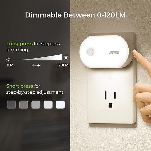 AUVON Night Light Plug in, Bright Motion Sensor Night Light (120 Lumens), Dimmable Cool LED Night Lights Plug Into Wall, 1-120lm Brightness Nightlight for Bathroom, Hallway, Garage (4pack)