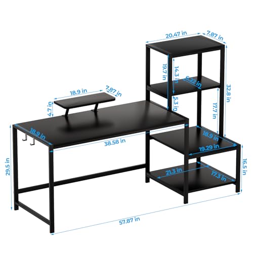 GreenForest Computer Desk 58 inch with Printer Shelf, Reversible Office Desk with Monitor Stand and 2 Hooks, Home Workstation for Study Writing Working Gaming, Black
