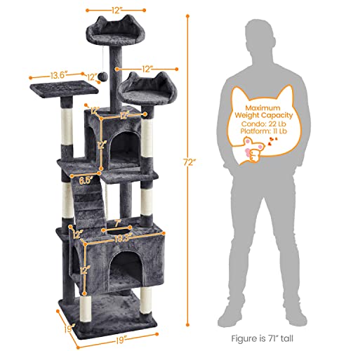 Yaheetech XL Cat Tree, 72in Multi-Level Cat Tower with 2 Cozy Caves, 3 Soft Perches, Scratching Posts, Board, and Dangling Ball, Cat Furniture Cat Play House Kittens, Dark Gray