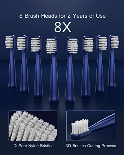 AJELU IPX7 Waterproof Sonic Electric Toothbrush, 2-Hour Fast Charge with Intelligent Time Reminder, 5 Modes, 8 Brush Heads, Travel, Indoor, Outdoor, Blue
