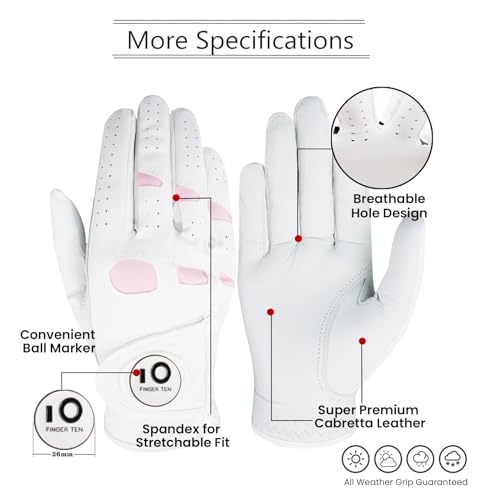 FINGER TEN Women’s Leather Golf Glove with Ball Marker Extra Grip 1 Pack, Left Right Hand Pink Fit Woman Girl, Size Small Medium Large XL (Small, Left)