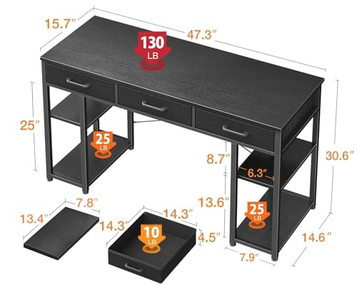 ODK Office Small Computer Desk: Home Table with Fabric Drawers & Storage Shelves, Modern Writing Desk, Black, 48"x16"