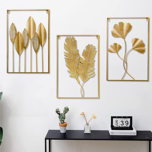 YZDTECH Large Gold Metal Wall Decor, 24" X 16" Golden Leaf Wall Hanging Decor with Frame, Wall Ornaments, Golden Metal Art Wall Sculpture for Living Room, Office, Home, Hotel